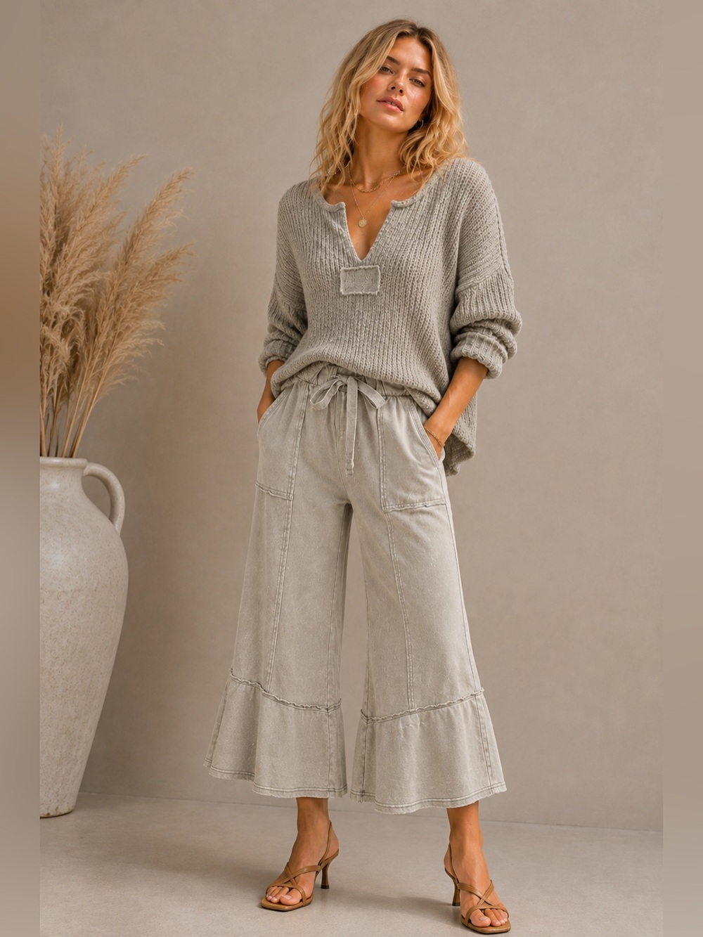 Miracle Silver Textured Knit V-Neck Oversized Sweater Top - Picture 2 of 2